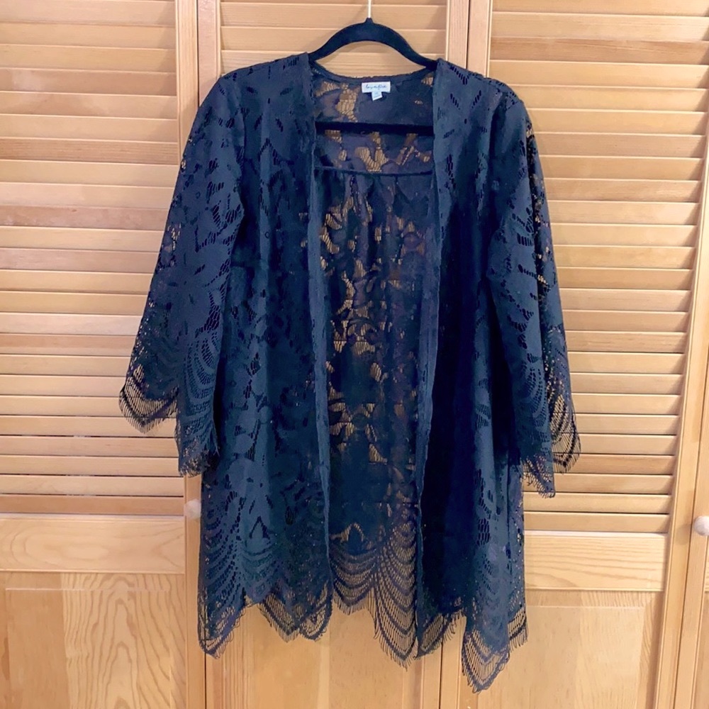 Gorgeous black eyelash lace shawl coverup swimsuit